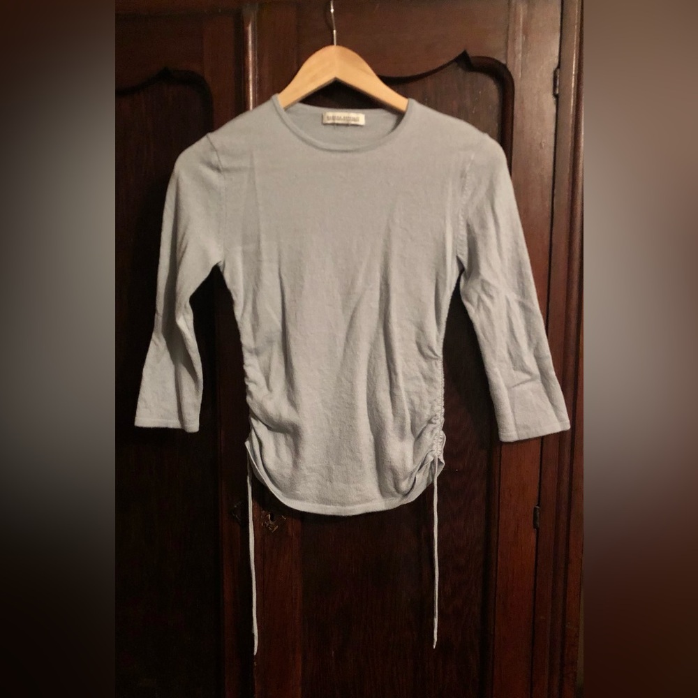 Light Blue Ruched Merino Three Quarter Sleeve Top